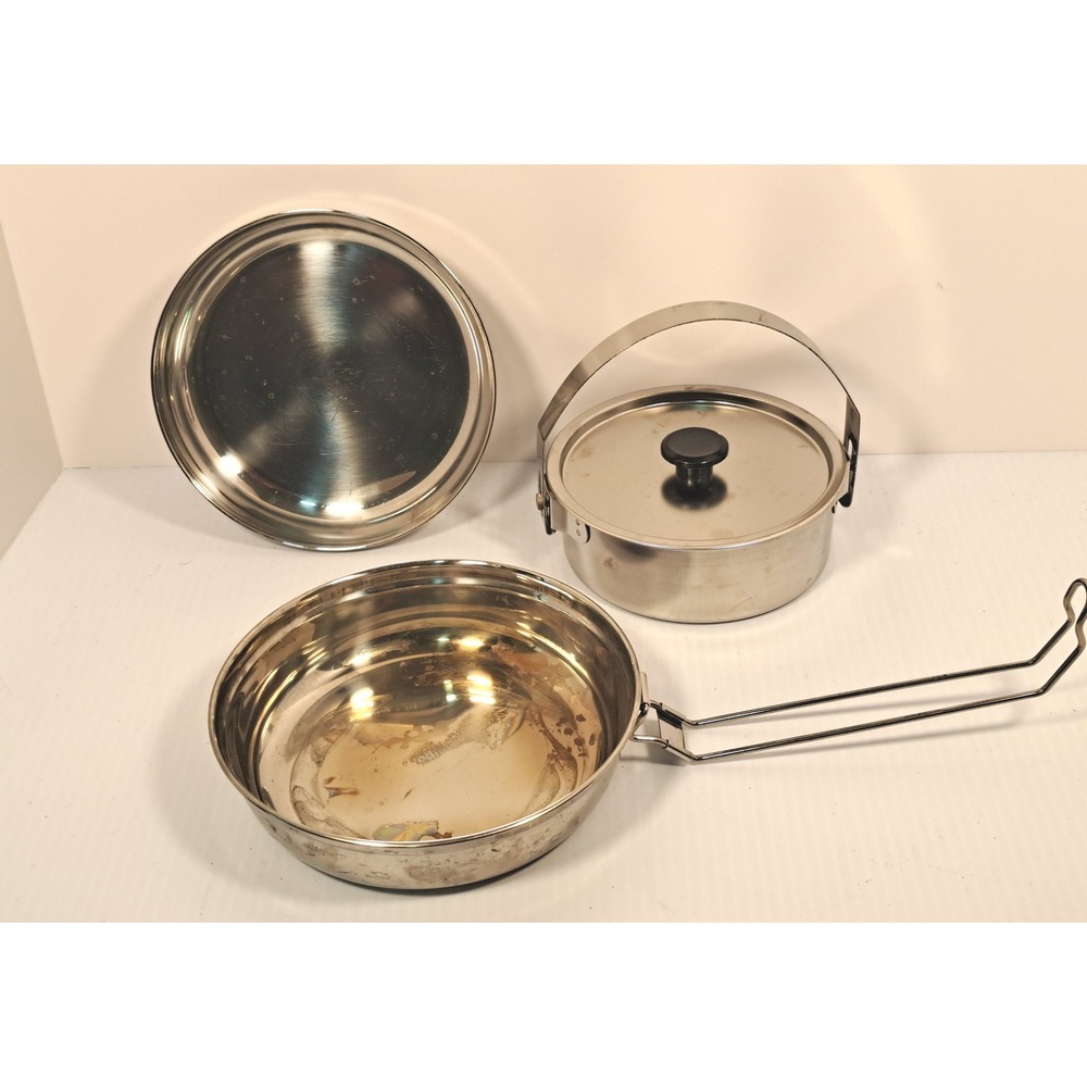Stainless Steel Camping Mess Kit Nesting Pot Pan Plate Set Silver 7.5 Inch